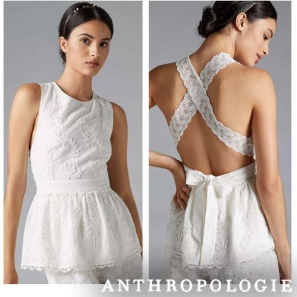Anthropologie Tops - Sale! Anthropologie Floral Embroidered Crochet Cross Back Blouse Size L Ivory